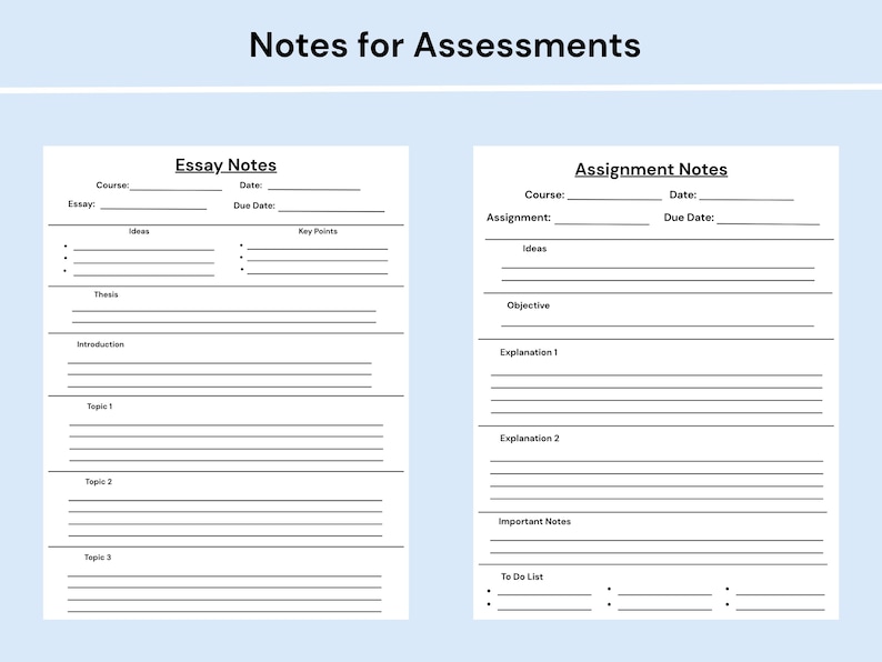 Pode incluir: Um modelo imprim&iacute;vel branco intitulado Notes for Assessments com duas se&ccedil;&otilde;es. O lado esquerdo &eacute; rotulado como Essay Notes com campos para curso, data, ensaio e prazo, al&eacute;m de se&ccedil;&otilde;es para ideias, pontos-chave, tese, introdu&ccedil;&atilde;o e t&oacute;picos. O lado direito &eacute; rotulado como Assignment Notes com campos para curso, data, tarefa e prazo, al&eacute;m de se&ccedil;&otilde;es para ideias, objetivo, explica&ccedil;&otilde;es, notas importantes e uma lista de tarefas.