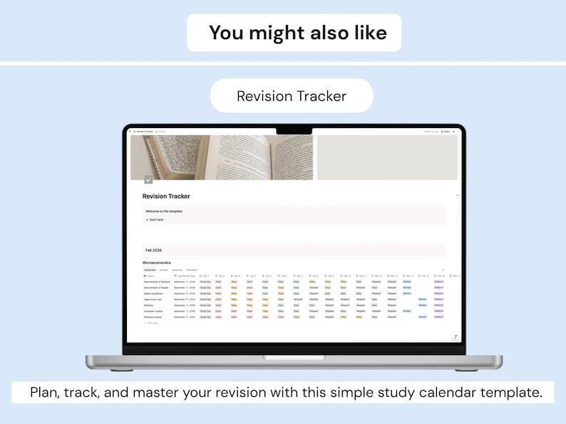 Pode incluir: Uma tela de laptop exibindo um modelo digital de rastreamento de revis&atilde;o. A interface apresenta um cabe&ccedil;alho com uma imagem de um livro aberto, o texto Revision Tracker e uma tabela com colunas para t&oacute;picos, datas e etiquetas de status codificadas por cores.