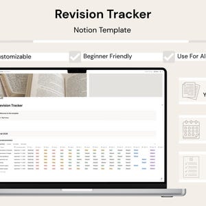 Puede incluir: Una plantilla digital de Notion titulada Revision Tracker mostrada en la pantalla de una computadora portátil. La interfaz incluye una lista de cursos, un calendario semestral de 4 meses y herramientas para organizar notas. Texto: Customizable, Beginner Friendly, Use For All Courses.