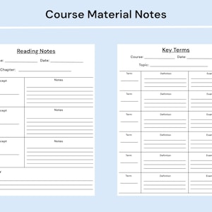 Pode incluir: Um modelo de estudo imprim&iacute;vel intitulado Course Material Notes com duas se&ccedil;&otilde;es distintas. O lado esquerdo est&aacute; rotulado como Reading Notes com campos para curso, data, cap&iacute;tulo, conceitos, notas e resumo. O lado direito &eacute; Key Terms.