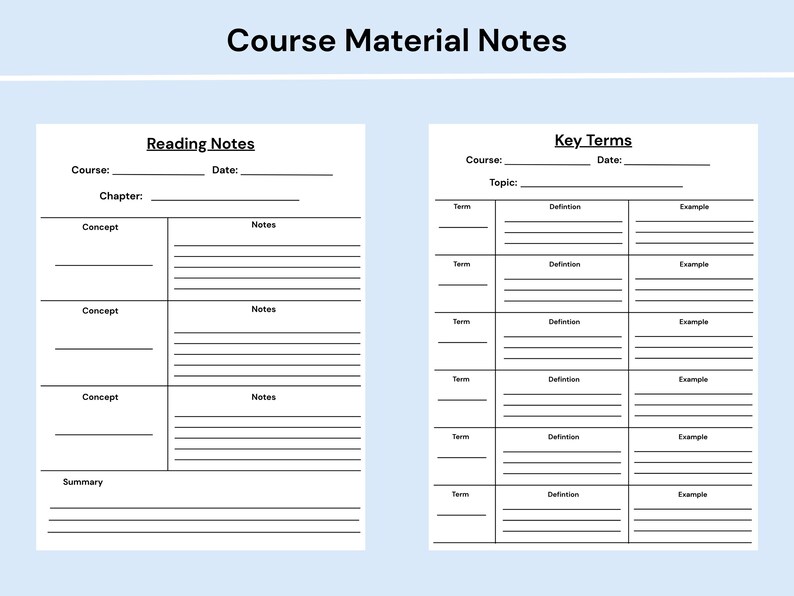 Pode incluir: Um modelo de estudo imprim&iacute;vel intitulado Course Material Notes com duas se&ccedil;&otilde;es distintas. O lado esquerdo est&aacute; rotulado como Reading Notes com campos para curso, data, cap&iacute;tulo, conceitos, notas e resumo. O lado direito &eacute; Key Terms.