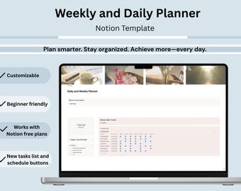 Pode incluir: Um modelo Notion de planejador semanal e diário exibido na tela de um laptop. A interface inclui um rastreador de hábitos, uma lista de tarefas e botões de agendamento. Texto: Weekly and Daily Planner, Notion Template, Plan smarter. Stay organized. Achieve more—every day., Customizable, Beginner friendly, Works with Notion free plans, New tasks list and schedule buttons.