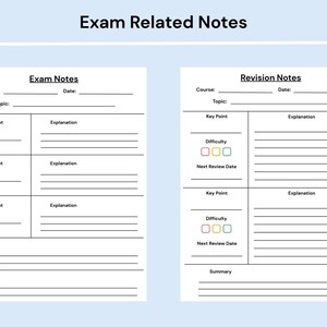 Pode incluir: Um modelo de planejador de estudos imprim&iacute;vel intitulado Exam Related Notes, apresentando duas se&ccedil;&otilde;es distintas: Exam Notes com campos para curso, data, t&oacute;pico, conceitos, explica&ccedil;&otilde;es, dicas e resumo, e Revision Notes com pontos-chave e n&iacute;veis.