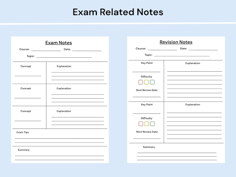 Pode incluir: Um modelo de planejador de estudos imprim&iacute;vel intitulado Exam Related Notes, apresentando duas se&ccedil;&otilde;es distintas: Exam Notes com campos para curso, data, t&oacute;pico, conceitos, explica&ccedil;&otilde;es, dicas e resumo, e Revision Notes com pontos-chave e n&iacute;veis.