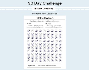 Pode incluir: Uma folha de acompanhamento de desafio de 90 dias em formato carta PDF imprimível. O documento inclui seções para data de início, data de término, objetivo, futuro e recompensa, com uma grade de noventa quadrados numerados com marcas azuis.