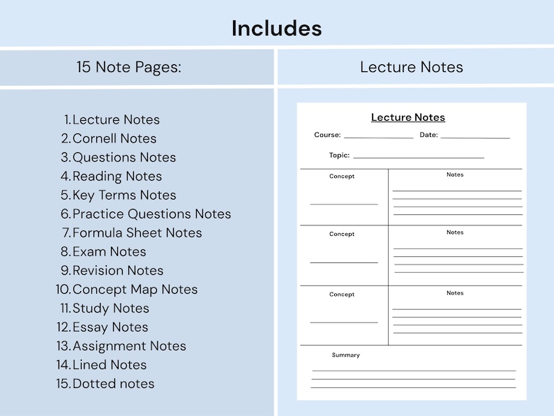 Pode incluir: Um documento digital intitulado Includes listando 15 p&aacute;ginas de notas: Lecture, Cornell, Questions, Reading, Key Terms, Practice Questions, Formula Sheet, Exam, Revision, Concept Map, Study, Essay, Assignment, Lined e Dotted com um layout.