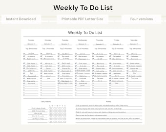 Pode incluir: Um modelo de lista de tarefas semanal em preto e branco com colunas para cada dia da semana, incluindo seções para as três principais prioridades, hábitos diários e notas. O documento apresenta caixas de seleção e linhas.