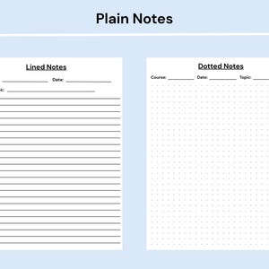 Pode incluir: Um modelo digital intitulado Plain Notes apresentando dois layouts de p&aacute;gina distintos em um fundo azul claro. A p&aacute;gina esquerda est&aacute; rotulada como Lined Notes com campos para Course, Date e Topic acima de linhas horizontais. A direita &eacute; Dotted Notes.