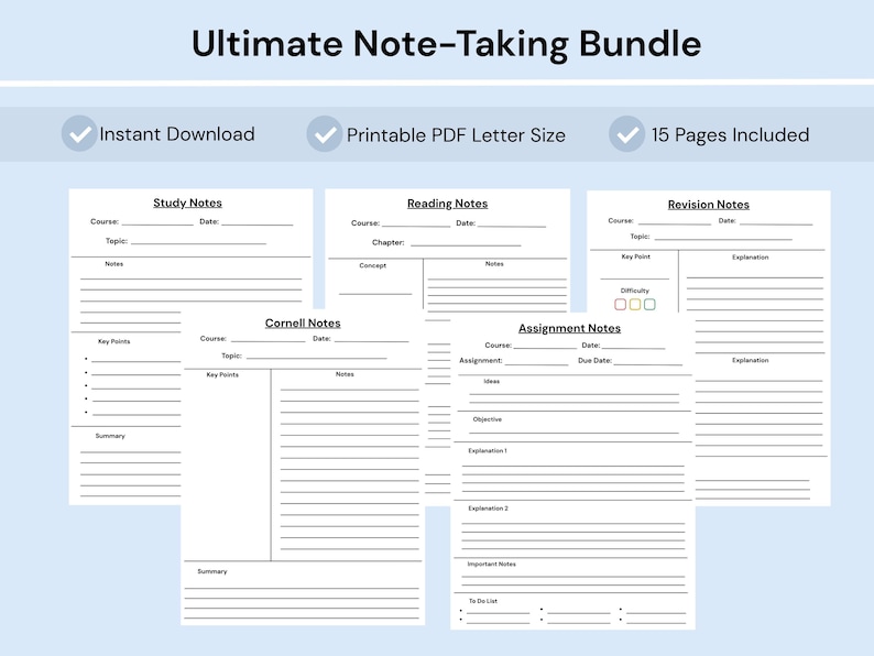 Pode incluir: Um pacote de notas digitais com cinco modelos PDF imprim&iacute;veis em tamanho carta. As p&aacute;ginas incluem notas de estudo, leitura, revis&atilde;o, Cornell e tarefas com se&ccedil;&otilde;es para curso, data, t&oacute;pico e pontos-chave para organizar as informa&ccedil;&otilde;es.