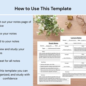Pode incluir: Um modelo digital para notas de aula e estudo com um guia de instru&ccedil;&otilde;es de cinco passos &agrave; esquerda. O lado direito exibe duas folhas de papel brancas com texto preto, incluindo cabe&ccedil;alhos para curso, data, t&oacute;pico, conceitos e resumo.