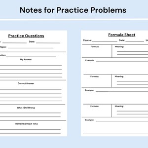 Pode incluir: Um aux&iacute;lio de estudo imprim&iacute;vel intitulado Notes for Practice Problems com duas se&ccedil;&otilde;es. O lado esquerdo &eacute; uma folha de Practice Questions com campos para Course, Date, Topic, Question, My Answer, Correct Answer, What I Did Wrong e Remember Next Time.