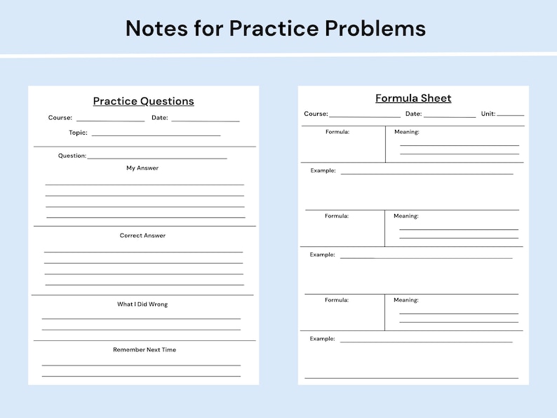Pode incluir: Um aux&iacute;lio de estudo imprim&iacute;vel intitulado Notes for Practice Problems com duas se&ccedil;&otilde;es. O lado esquerdo &eacute; uma folha de Practice Questions com campos para Course, Date, Topic, Question, My Answer, Correct Answer, What I Did Wrong e Remember Next Time.