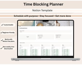 Pode incluir: Um modelo Notion de planejador de bloqueio de tempo exibido na tela de um laptop. A interface inclui seções para prioridades de hoje, lista de tarefas não agendadas e blocos de tempo semanais. O texto inclui "Time Blocking Planner", "Notion Template", "Schedule with purpose • Stay focused • Get more done" e rótulos de recursos como "Customizable" e "Beginner friendly".