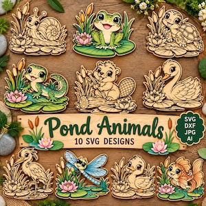 May include: A collection of ten wooden cutouts featuring cartoon pond animals including a snail, frog, turtle, lizard, beaver, swan, heron, dragonfly, duck, and goldfish, with a central sign labeled Pond Animals 10 SVG Designs.