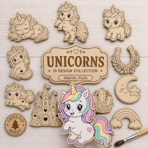 Pode incluir: Uma coleção de formas de madeira cortadas a laser com unicórnios, um castelo, uma ferradura, uma lua, uma estrela, um arco-íris e cristais. Uma placa central diz UNICORNS 10 DESIGN COLLECTION DIGITAL FILES.