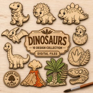 May include: A collection of ten wooden dinosaur-themed cutouts featuring various species, a volcano, a palm tree, a fossilized footprint, and a skull. A central plaque reads DINOSAURS 10 DESIGN COLLECTION DIGITAL FILES, with a laser cut ready stamp.