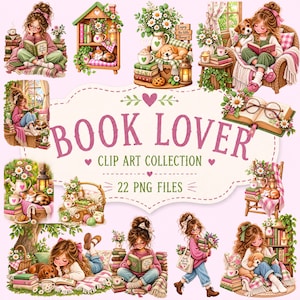 Puede incluir: Una colección de imágenes digitales titulada BOOK LOVER CLIP ART COLLECTION 22 PNG FILES que presenta varias ilustraciones de personas leyendo libros, escenas interiores acogedoras con mascotas, pilas de libros, flores y elementos decorativos.