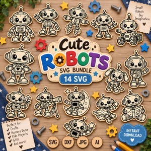 Puede incluir: Una colección digital de 14 ilustraciones de robots con varios personajes, incluyendo robots con telescopios, libros y temas espaciales. El texto central dice Cute ROBOTS SVG BUNDLE 14 SVG, con el texto adicional Small Robots Big Imagination.