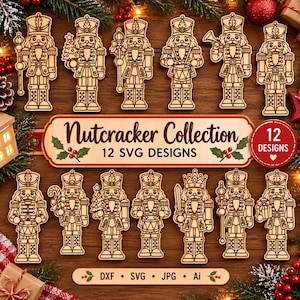 Pode incluir: Uma coleção de 12 designs de quebra-nozes em madeira clara com várias poses e acessórios, incluindo tambores, espadas e árvores. O texto central diz Nutcracker Collection 12 SVG DESIGNS, com DXF, SVG, JPG, Ai escrito abaixo.