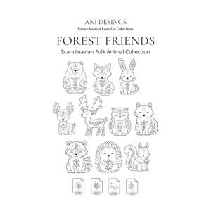 Może przedstawiać: Cyfrowa kolekcja zatytułowana ANI DESINGS Nature-Inspired Laser Cut Collections FOREST FRIENDS Scandinavian Folk Animal Collection z czarno-białymi ilustracjami liniowymi niedźwiedzia, lisa, królika, jelenia, sowy i wiewiórki.