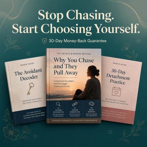 Puede incluir: Tres libros titulados Stop Chasing. Start Choosing Yourself. El libro central es Why You Chase and They Pull Away, con una persona sentada frente al mar. El libro de la izquierda es The Avoidant Decoder y el de la derecha 30-Day Detachment Practice.