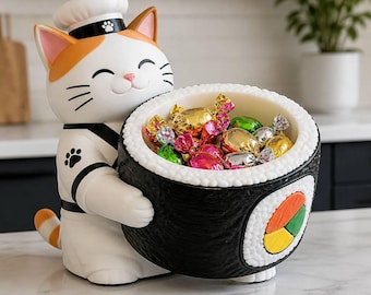 Japanese Sushi Chef Cat Sugar Bowl, 3D Printed Tabletop Container for Coffee and Tea Stations