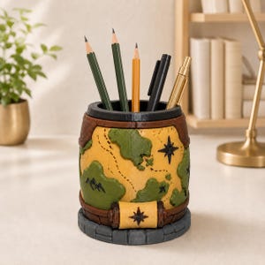 Fantasy Map Desk Caddy, Hand Painted Cartography Pen Holder, 3D Printed Stationery Organizer