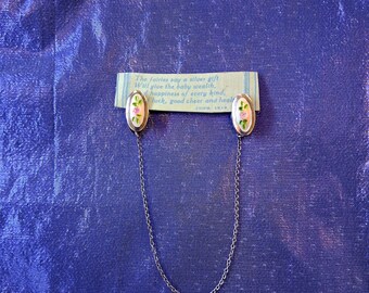 Vintage Sterling Silver Baby Bib Holder with Pink Rose Enamel, Antique Napkin Clips on Chain with Original Fairy Poem Card, Christening Gift
