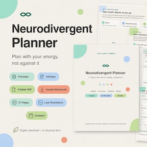 Puede incluir: Un planificador digital Neurodivergent de 37 páginas, con un diseño limpio y acentos en tonos pastel suaves. El documento incluye secciones para la planificación diaria, mapas mensuales y reflexión, con el texto 'Plan with your energy, not against it'.