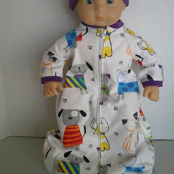 15 inch baby doll clothes, puppe dog flannel sleep sack/ pajamas/ sleepwear/ gown and hat fits baby dolls like Bitty Baby.