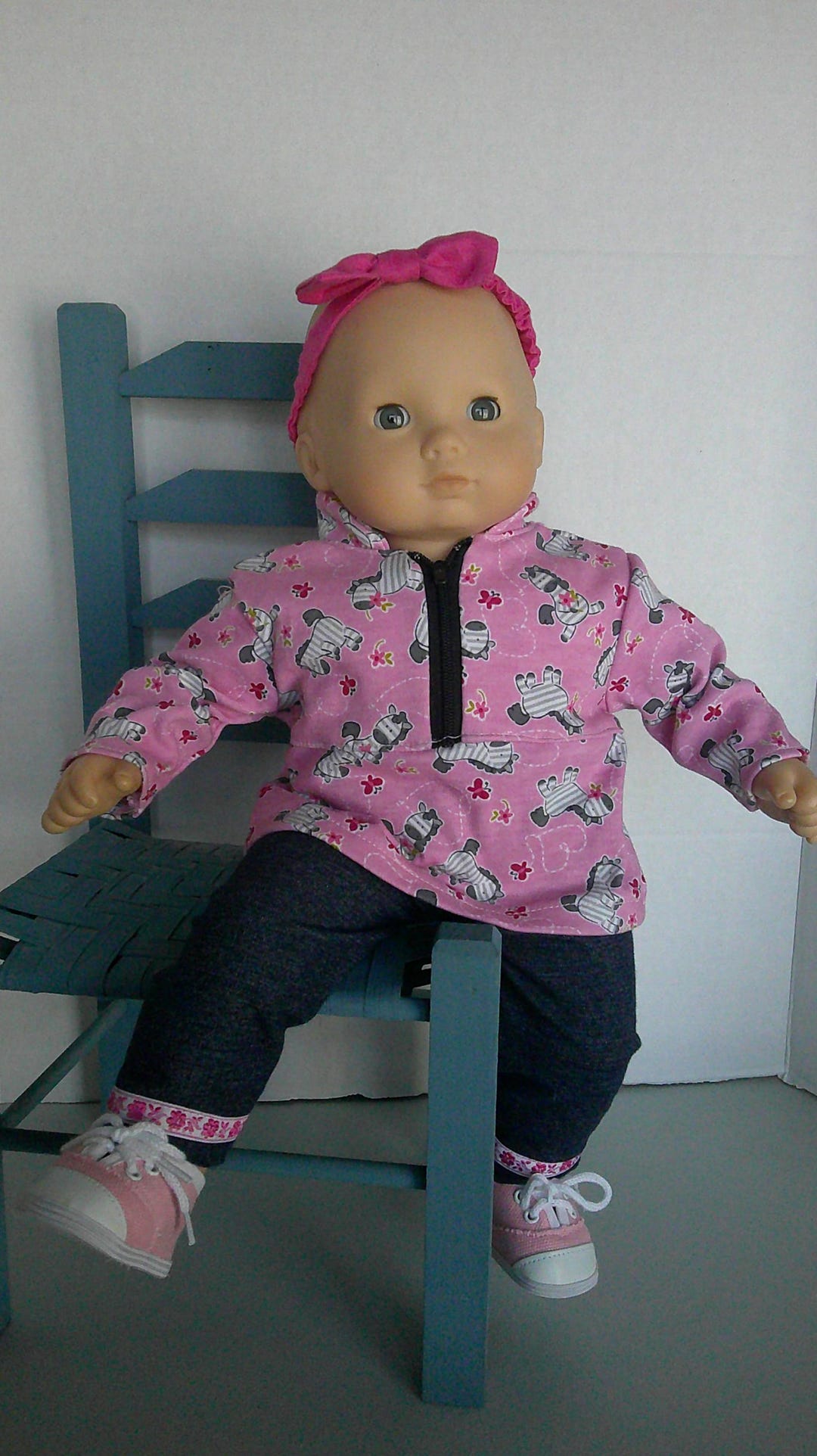 15 Inch Baby Doll Clothes, Pink Zebra Knit Top, Denim Stretch Leggings ...