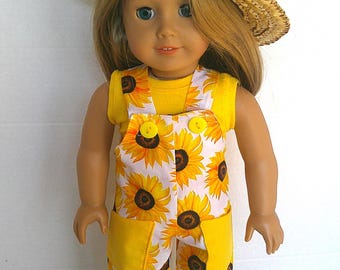 Fits like American Girl doll clothes, 18 inch doll clothing, yellow sunflower overalls, tee, and hat.