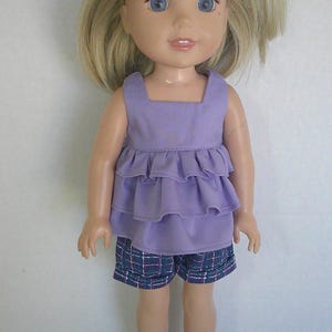 14 inch doll clothes, Purple ruffled top and plaid shorts fits 14 inch dolls such as Wellie Wisher and Glitter Girls.