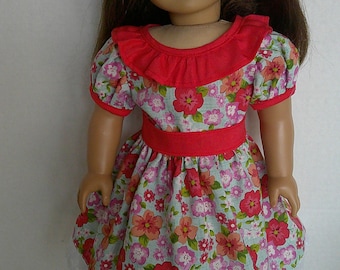 Red floral spring or summer dress American made to fir 18 inch Girl Dolls.