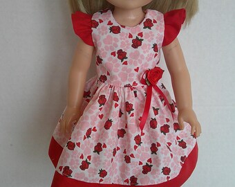 14 inch doll clothes. Red roses and heart Valentine flutter sleeve dress and hairbow fits dolls such as Wellie Wisher and Glitter Girls.