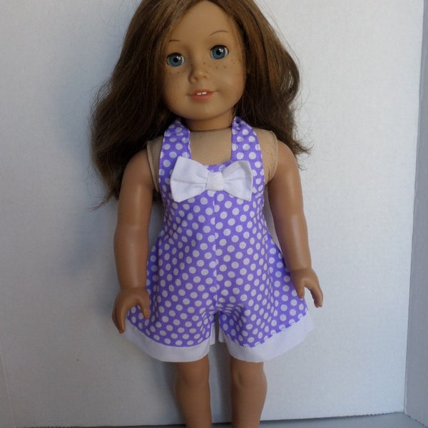 Purple polka dot one piece halter style romper/ shorts/ halteralls American made to fit 18 nch Girl Dolls.