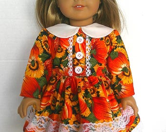 Fits like American doll clothes, 18 doll clothing, Fall sunflower and pumpkin dress.