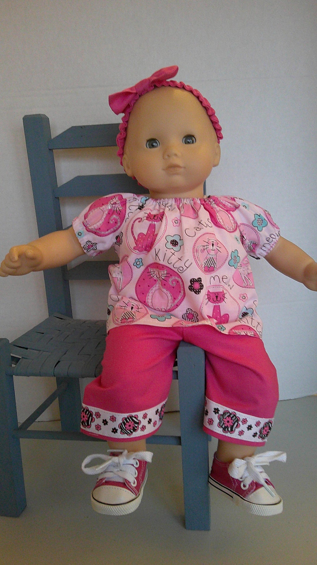 15 Inch Baby Doll Clothes, Pink Kitty Cat Summer Peasant Top and Capri ...
