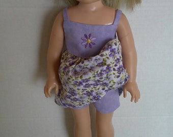 Purple floral sundress WITH ATTACHED SHORTS, and headscarf :14 inch Wellie Wisher dolls.