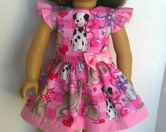 Pink Valentine  puppy dog  dress  American made to fit 18 inch Girl Dolls.