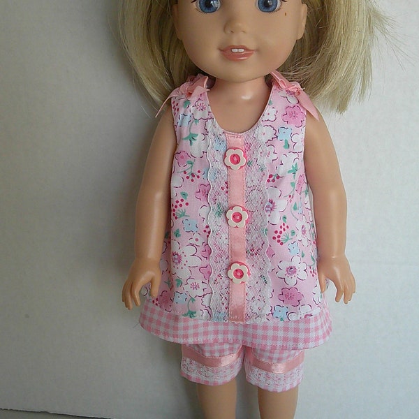 Pink floral summer/ spring capri short set and hairbow fits 14 inch dolls such as Wellie wWsher and Glitter Girls.