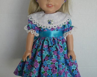 14 inch doll clothes,  purple and blue floral  party dress and headband fits 14 inch dolls such as Wellie Wisher and Glitter Girls.