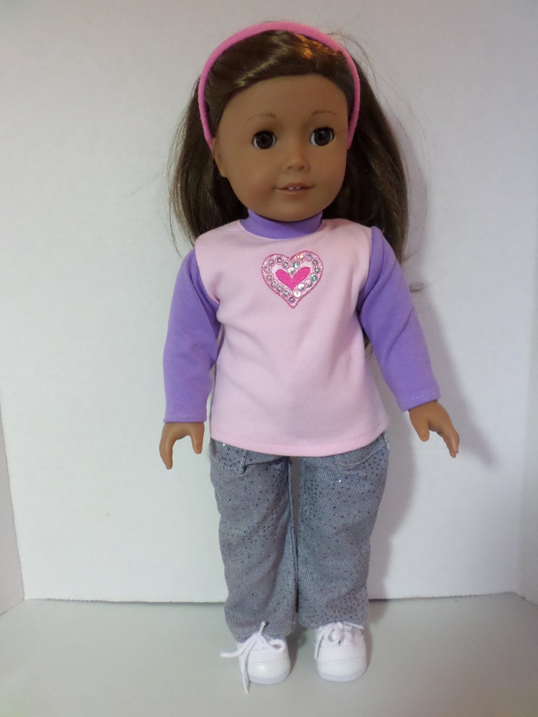 Glitter Jeans and Purple and Pink Knit Heart Tee Shirt and Headband American Made to Fit 18 Inch