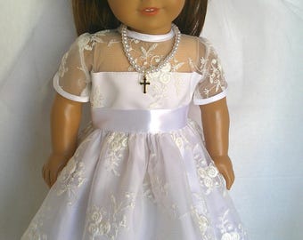 First Communion organza illusion dress, veil, and cross necklace:  18 inch dolls.