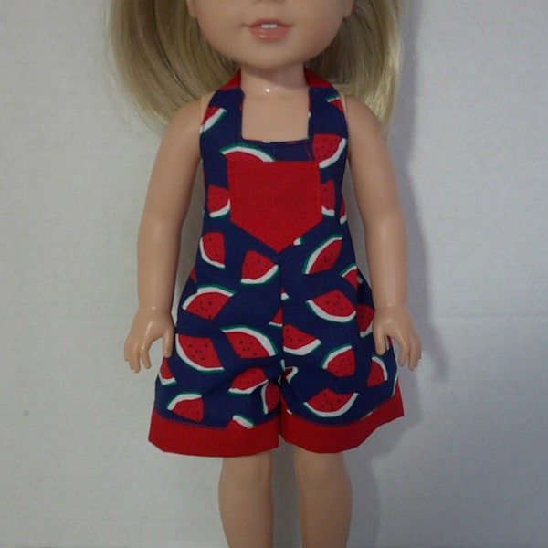 One piece summer watermelon halter romper/ shorts/ halteralls  4th of July fits 14 inch dolls such as Wellie Wisher and Glitter Girls.