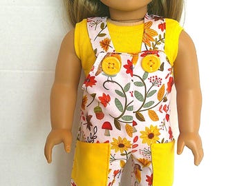 Fits like American doll clothes, 18 inch doll clothing, Fall overalls and sleeveless tee.