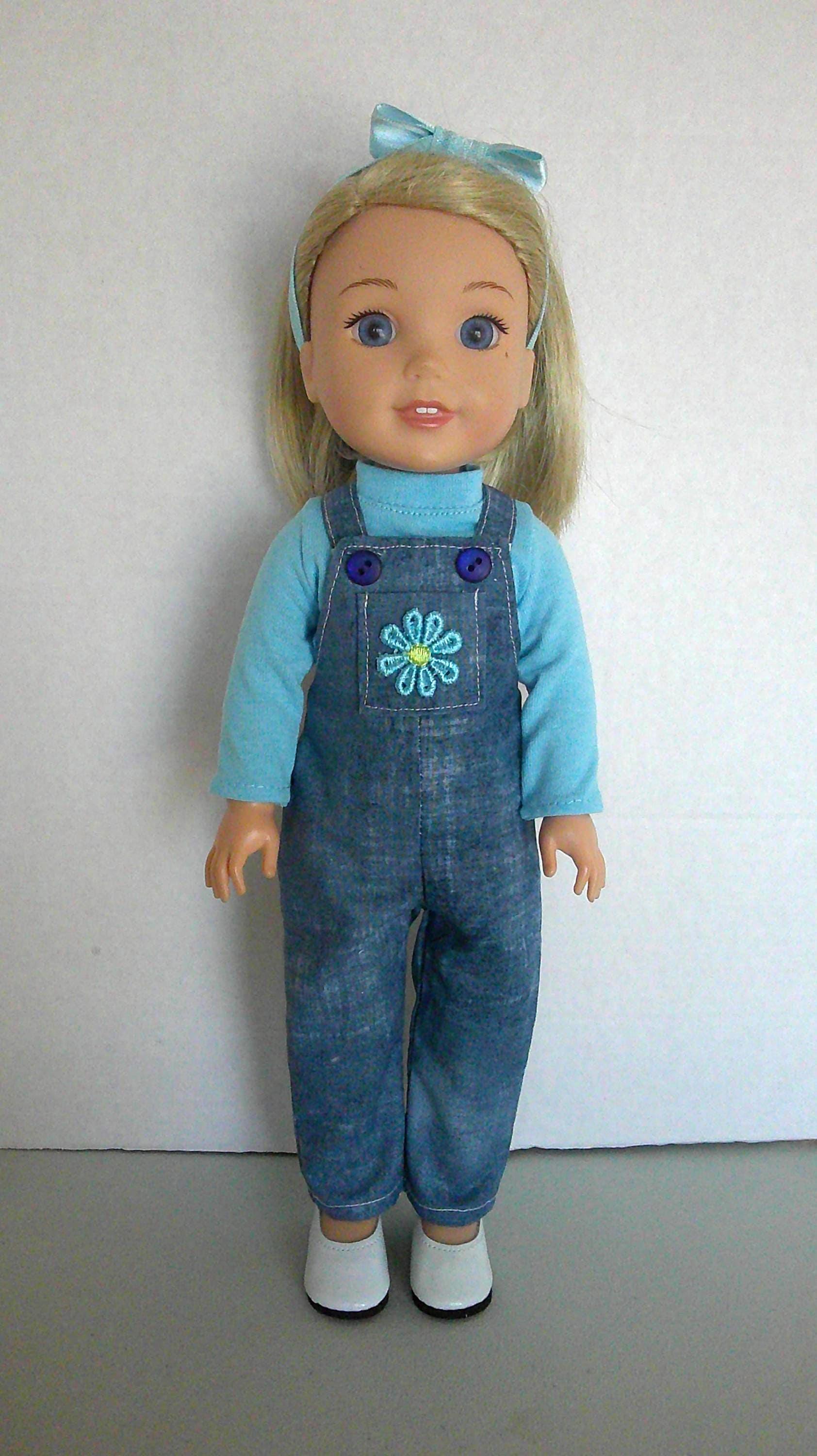 14 inch doll clothes, denim bib overalls, teal shirt and headband fits dolls such as Wellie Wisher and Glitter Girls.