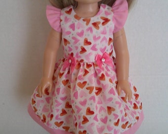 14 inch doll clothes, Pink heart Valentine flutter sleeve dress and headband fits dolls such as Wellie Wisher and Glitter Girls.