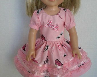 14 inch doll clothes,  pink girly party Barbie dress and hairbow fits dolls such as Wellie Wisher and Glitter Girls.