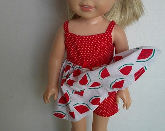 14 inch doll clothes, watermelon sundress WITH ATTACHED SHORTS fits  Wellie Wishers.